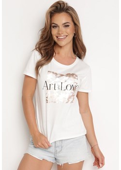 Biały Bawełniany T-shirt z Krótkim Rękawem i Metalicznym Nadrukiem Cadiana ze sklepu Born2be Odzież w kategorii Bluzki damskie - zdjęcie 172530832