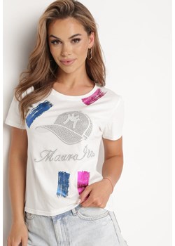 Biały Bawełniany T-shirt z Krótkim Rękawem Ozdobiony Nadrukiem z Cyrkoniami Abilena ze sklepu Born2be Odzież w kategorii Bluzki damskie - zdjęcie 172530860