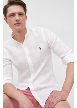 Polo Ralph Lauren koszula lniana 710801500001 męska kolor biały slim ze stójką ze sklepu ANSWEAR.com w kategorii Koszule męskie - zdjęcie 172534060
