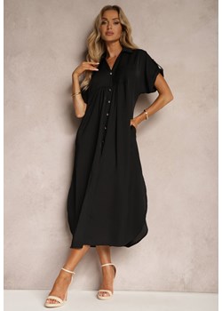 Czarna Koszulowa Sukienka z Podwijanymi Rękawami Zapinana na Guziki Moarielle ze sklepu Renee odzież w kategorii Sukienki - zdjęcie 172535151