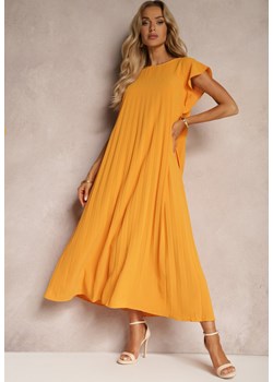 Pomarańczowa Rozkloszowana Sukienka z Plisowaniem i Krótkim Rękawem Hevina ze sklepu Renee odzież w kategorii Sukienki - zdjęcie 172535161