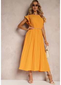 Pomarańczowa Rozkloszowana Sukienka z Plisowaniem i Krótkim Rękawem Hevina ze sklepu Renee odzież w kategorii Sukienki - zdjęcie 172535162