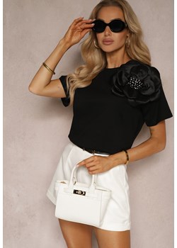 Czarny T-shirt z Bawełny z Krótkim Rękawem i Aplikacją Kwiatu Dimasa ze sklepu Renee odzież w kategorii Bluzki damskie - zdjęcie 172535212