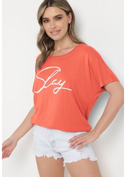 Pomarańczowy Wiskozowy T-shirt Koszulka z Rękawami Typu Nietoperz z Ozdobnym Napisem Comalita ze sklepu Born2be Odzież w kategorii Bluzki damskie - zdjęcie 172539761