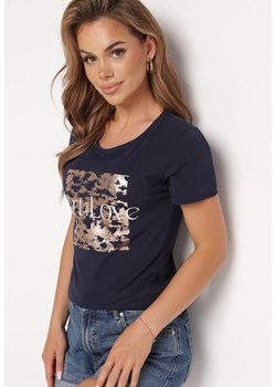 Granatowy Bawełniany T-shirt z Krótkim Rękawem i Metalicznym Nadrukiem Cadiana ze sklepu Born2be Odzież w kategorii Bluzki damskie - zdjęcie 172539782