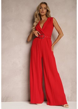 Czerwony Kombinezon z Trójkątnym Dekoltem i Szerokimi Plisowanymi Nogawkami z Paskiem Moncilla ze sklepu Renee odzież w kategorii Kombinezony damskie - zdjęcie 172539954