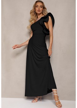 Czarna Rozkloszowana Sukienka Asymetryczna z Dużymi Falbanami przy Ramionach Cevada ze sklepu Renee odzież w kategorii Sukienki - zdjęcie 172539964