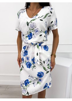 Kremowa Sukienka w Niebieskie Kwiaty z Paskiem ze sklepu ModnaKiecka.pl w kategorii Sukienki - zdjęcie 172545021