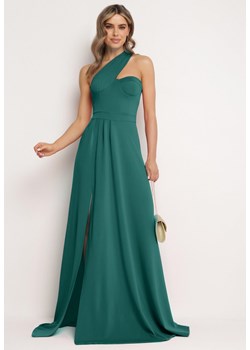 Zielona Rozkloszowana Sukienka z Asymetryczną Górą i Wiązaniem na Ramieniu z Rozcięciem Efirey ze sklepu Born2be Odzież w kategorii Sukienki - zdjęcie 172580303
