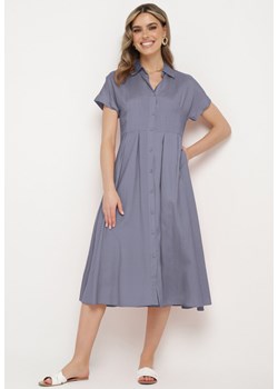 Niebieska Koszulowa Sukienka z Lnem i Wiskozą Ircilla ze sklepu Born2be Odzież w kategorii Sukienki - zdjęcie 172580382