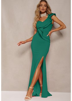 Zielona Elegancka Asymetryczna Sukienka z Falbanką i Rozcięciem na Nogę Adnelia ze sklepu Renee odzież w kategorii Sukienki - zdjęcie 172580464