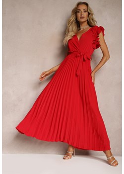 Czerwona Kopertowa Sukienka z Gumką w Pasie i Materiałowym Paskiem Ozdobiona Falbankami Tiamatalia ze sklepu Renee odzież w kategorii Sukienki - zdjęcie 172580640