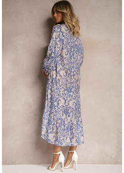 Niebiesko-Biała Sukienka z Trójkątnym Dekoltem i Falbanką Qravia ze sklepu Renee odzież w kategorii Sukienki - zdjęcie 172585370