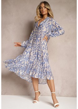 Niebiesko-Biała Sukienka z Trójkątnym Dekoltem i Falbanką Qravia ze sklepu Renee odzież w kategorii Sukienki - zdjęcie 172585374