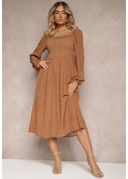 Brązowa Rozkloszowana Sukienka Midi w Kropki z Hiszpańskim Dekoltem Lusena ze sklepu Renee odzież w kategorii Sukienki - zdjęcie 172585554