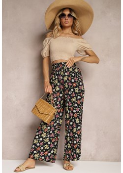 Granatowe Szerokie Spodnie z Bawełny z Gumką w Talii Axnalia ze sklepu Renee odzież w kategorii Spodnie damskie - zdjęcie 172585594