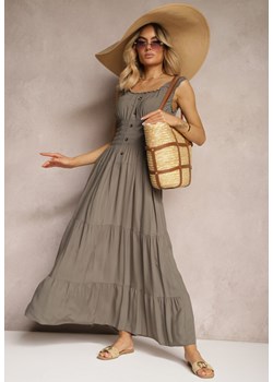 Ciemnobeżowa Sukienka z Bawełny na Ramiączkach z Gumką w Talii i Guzikami Dunvia ze sklepu Renee odzież w kategorii Sukienki - zdjęcie 172585614