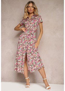 Różowo-Zielona Rozkloszowana Sukienka z Wiskozą Zapinana na Guziki Ozdobiona Paskiem Dimica ze sklepu Renee odzież w kategorii Sukienki - zdjęcie 172585680