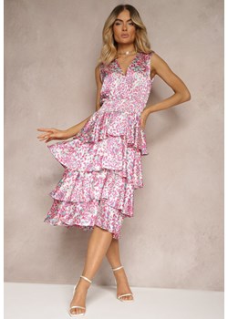Różowa Kopertowa Sukienka z Gumką w Talii i Falbankami Dimolla ze sklepu Renee odzież w kategorii Sukienki - zdjęcie 172585774