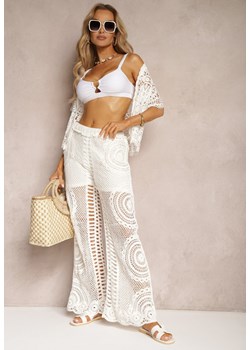 Białe Haftowane Spodnie z Szerokimi Nogawkami High Waist z Gumką w Talii Elinesta ze sklepu Renee odzież w kategorii Odzież plażowa - zdjęcie 172585844