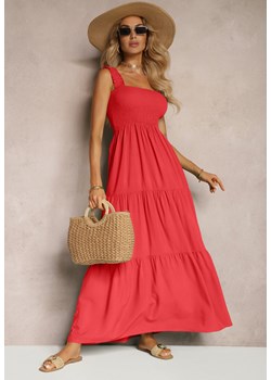 Czerwona Sukienka z Wiskozą i Bawełną na Ramiączkach o Rozkloszowanym Kroju z Falbanami Nestaelle ze sklepu Renee odzież w kategorii Sukienki - zdjęcie 172585942