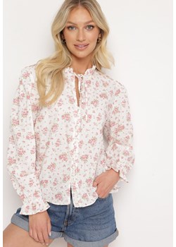 Biało-Różowa Bawełniana Koszula w Kwiaty z Wiązaniem pod Szyją Glessa ze sklepu Born2be Odzież w kategorii Koszule damskie - zdjęcie 172586303