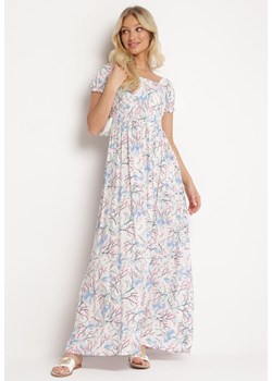 Biało-Niebieska Rozkloszowana Sukienka w Kwiaty z Marszczonym Dekoltem Disteria ze sklepu Born2be Odzież w kategorii Sukienki - zdjęcie 172586352