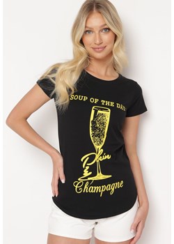Czarny Klasyczny T-shirt z Bawełny Ozdobiony Nadrukiem Getantia ze sklepu Born2be Odzież w kategorii Bluzki damskie - zdjęcie 172586380