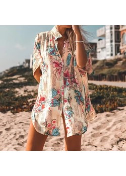 Kimono plażowe koszulowe - Beżowy / L/XL ze sklepu Maybella.pl w kategorii Odzież plażowa - zdjęcie 172589211