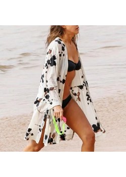 Kimono plażowe za kolana - Biały / Uniwersalny ze sklepu Maybella.pl w kategorii Odzież plażowa - zdjęcie 172589230