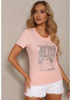 Jasnoróżowy T-shirt z Bawełny o Klasycznym Kroju z Metalicznym Nadrukiem Timabell ze sklepu Renee odzież w kategorii Bluzki damskie - zdjęcie 172600902