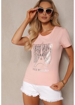 Jasnoróżowy T-shirt z Bawełny o Klasycznym Kroju z Metalicznym Nadrukiem Timabell ze sklepu Renee odzież w kategorii Bluzki damskie - zdjęcie 172600903