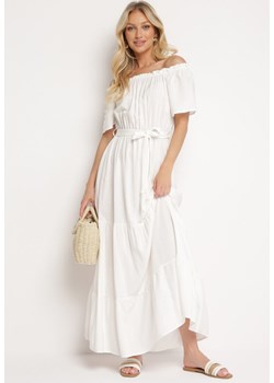Biała Sukienka Typu Hiszpanka z Gumką w Talii i Materiałowym Paskiem Tiamarae ze sklepu Born2be Odzież w kategorii Sukienki - zdjęcie 172601103
