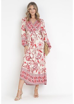 Czerwono-Beżowa Rozkloszowana Sukienka Maxi z Gumkami w Talii i Falbanką Apolla ze sklepu Born2be Odzież w kategorii Sukienki - zdjęcie 172604800