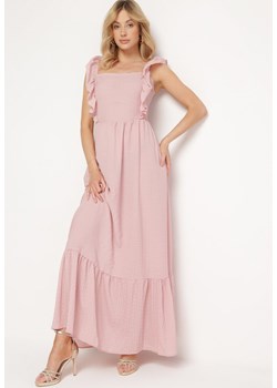 Różowa Sukienka na Ramiączkach z Falbankami i Gumką w Talii z Wiązaniem na Plecach Tiolla ze sklepu Born2be Odzież w kategorii Sukienki - zdjęcie 172610863