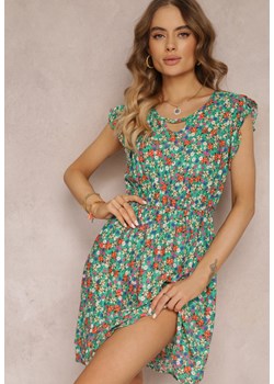 Zielona Rozkloszowana Sukienka Bawełniana w Kwiaty z Gumką w Pasie Erlolla ze sklepu Renee odzież w kategorii Sukienki - zdjęcie 172610992