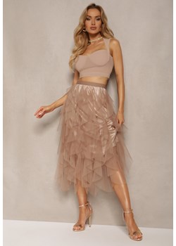 Ciemnobeżowa Rozkloszowana Spódnica z Ozdobnym Tiulem Amolas ze sklepu Renee odzież w kategorii Spódnice - zdjęcie 172611032