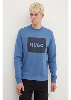 HUGO bluza bawełniana męska kolor niebieski z nadrukiem ze sklepu ANSWEAR.com w kategorii Bluzy męskie - zdjęcie 172621451
