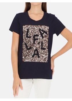 Granatowy t-shirt damski z cekinową aplikacją L'AF Paris ze sklepu Eye For Fashion w kategorii Bluzki damskie - zdjęcie 172623172