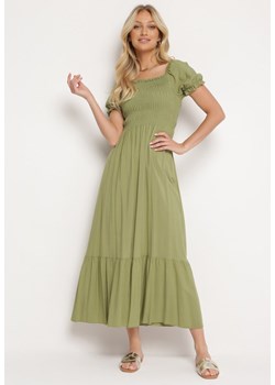 Zielona  Bawełniana Sukienka Hiszpanka z Marszczonym Dekoltem i Falbankami Wovia ze sklepu Born2be Odzież w kategorii Sukienki - zdjęcie 172625434