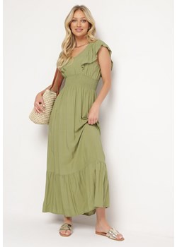 Zielona Rozkloszowana Sukienka z Bawełny z Gumką w Talii i Falbankami Dimissa ze sklepu Born2be Odzież w kategorii Sukienki - zdjęcie 172625441