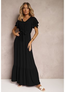 Czarna Sukienka z Bawełny z Gumką w Talii Zdobiona Falbankami z Materiałowym Paskiem Lendolia ze sklepu Renee odzież w kategorii Sukienki - zdjęcie 172630700