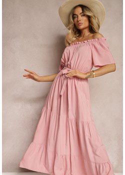 Różowa Sukienka o Hiszpańskim Dekolcie z Bawełny i Wiskozy z Paskiem i Gumką w Talii Tiamalena ze sklepu Renee odzież w kategorii Sukienki - zdjęcie 172630830