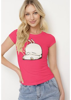 Fuksjowy Bawełniany T-shirt z Ozdobnym Nadrukiem Ianestra ze sklepu Born2be Odzież w kategorii Bluzki damskie - zdjęcie 172634801