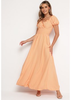 Pomarańczowa Wiskozowa Sukienka z Gumką w Pasie i Trójkątnym Dekoltem Quneri ze sklepu Born2be Odzież w kategorii Sukienki - zdjęcie 172635142