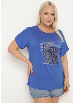 Niebieski Bawełniany T-shirt z Ozdobnym Napisem i Cyrkoniami Krisiona ze sklepu Born2be Odzież w kategorii Bluzki damskie - zdjęcie 172635861