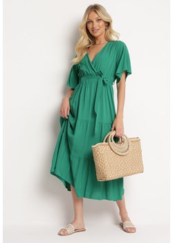 Zielona Sukienka z Bawełny z Kopertowym Dekoltem Gumką w Pasie Paskiem i Falbanką Grielle ze sklepu Born2be Odzież w kategorii Sukienki - zdjęcie 172635980