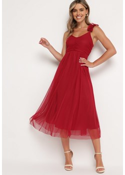 Czerwona Sukienka na Ramiączkach z Gumką w Talii i Falbanką Watalia ze sklepu Born2be Odzież w kategorii Sukienki - zdjęcie 172653552