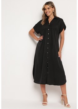 Czarna Sukienka Koszulowa Zapinana na Guziki z Podwijanymi Rękawami Moarisa ze sklepu Born2be Odzież w kategorii Sukienki - zdjęcie 172655714