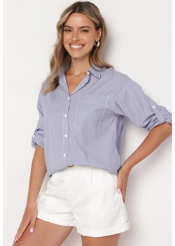 Granatowa Koszula z Bawełny o Klasycznym Fasonie w Paski Belonia ze sklepu Born2be Odzież w kategorii Koszule damskie - zdjęcie 172655763